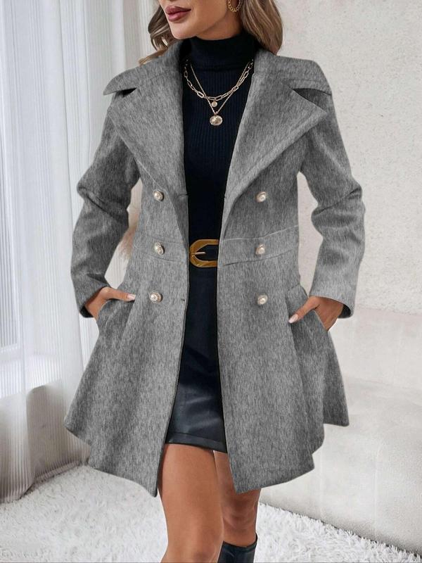 Women's Solid Color Double Button Lapel Blazer Coat, Fashion Coat, Elegant Fashion Long Sleeve Pocket Design Coat for Daily Outdoor Wear, Trendy Coat for Women, Women Outerwear Clothing for Fall & Winter